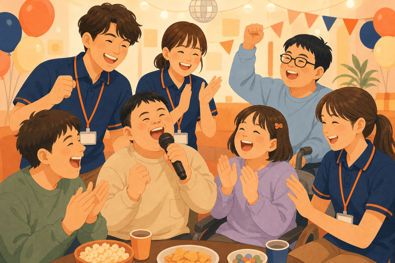 ポロシャツの若手障害者支援スタッフと利用者がイベントで楽しそうに過ごすイラスト