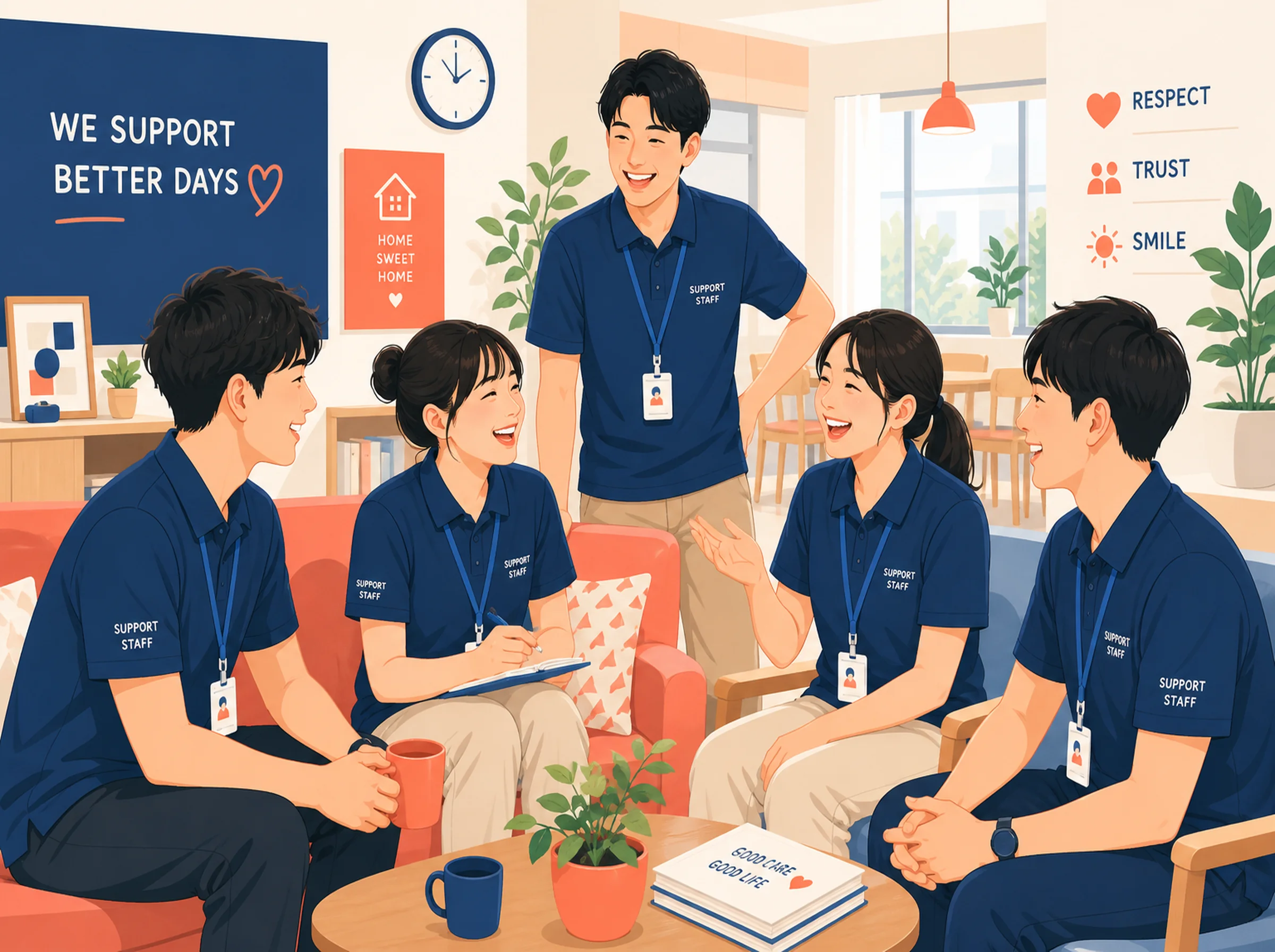 打ち解けて話す若手支援スタッフたち